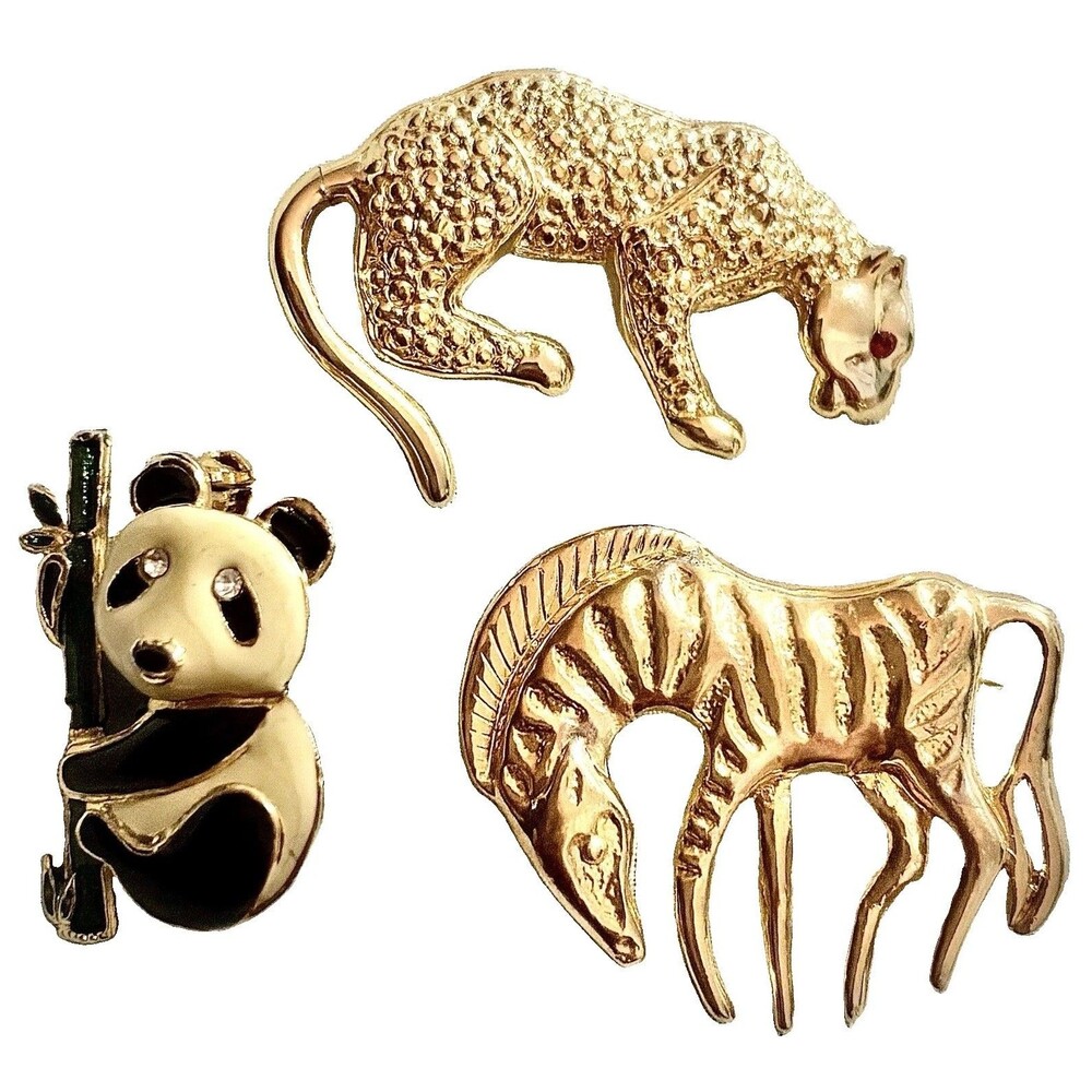 Vintage Animal Brooch Lot Panda Zebra Leopard Gold Safari Enamel Rhinestone Pins